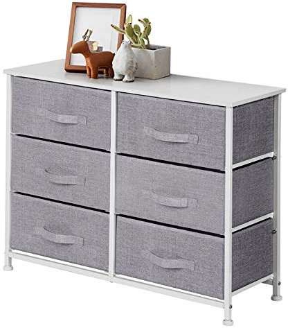 6 Fabric Drawers Storage Unit, Bedroom Chest of Drawers with Wooden Top and Metal Frame Drawer Organiser Dresser for Clothes Towel Toys, Grey