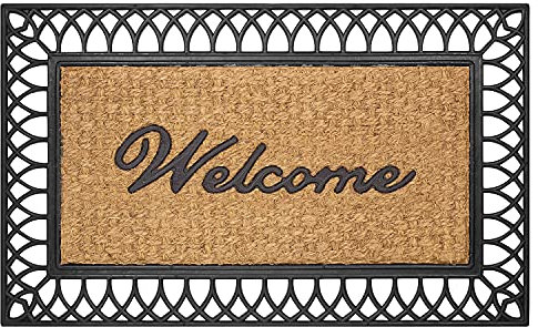 OLIVO.shop | EDEN Tappeto zerbino in cocco inciso e gomma per esterno, zerbino esterno antiscivolo, zerbino cocco naturale, scritta Welcome - 45x75cm, 4 varianti (ARCO)