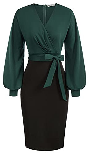 GRACE KARIN Damen Bodycon Dress Arbeit Bodycon Hochzeit Gast Büro Kleider V-Ausschnitt Langarm CocktailKleid mit Gürtel S Dunkelgrün-schwarz CL0761S21-01