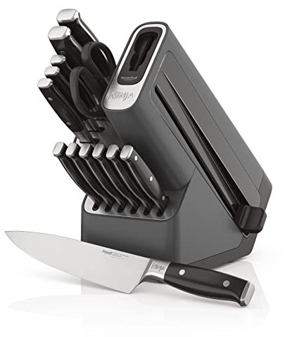 Ninja K32014 Foodi NeverDull - Juego de 14 cuchillos con afilador integrado, cuchillos alemanes de acero inoxidable, negro