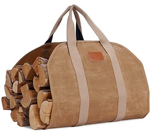 TwentyNext Firewood Log Carrier Waxed Canvas Tote Bag with Handles, Heavy Duty Firewood Holder Fireplace Wood Stove Accessories for Camping,BBQ Indoor & Outdoor (Khaki)