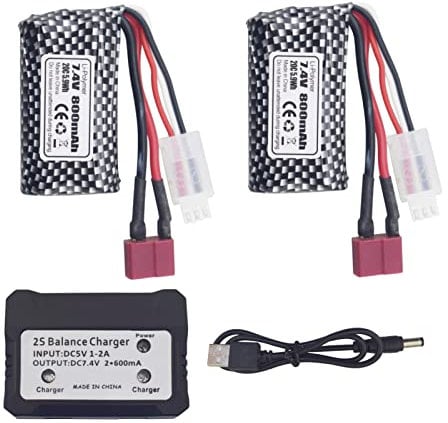Accessories 2PCS 7.4V 800mAh T-Plug Rechargeable Li-ion Lithium Battery and 1 x 2-in-1 Charger for YC100 HM161 HM162 HM166 HM201 9145 RC Toy Car RC 4WD High Speed Off-Road RC Car