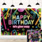 Neon Happy Birthday Hintergrund Let Glow Party Fotografie Hintergrund Spritzer Graffiti Malerei Dekorationen Banner Erwachsene Geburtstag Party Fotozubehör (2,1 x 1,5 m)