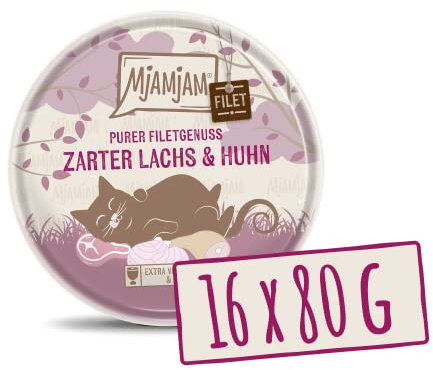 MjAMjAM - Premium Nassfutter für Katzen - zartes Filet vom Lachs & Hühnchen 80g, 16er Pack (16 x 80 g), naturbelassen mit extra viel Fleisch