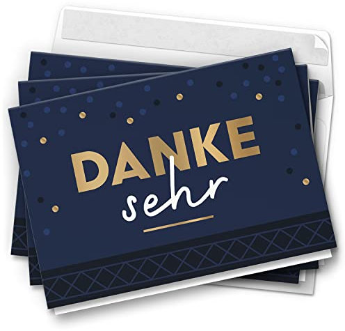 10 Dankeskarten mit Umschlag - Motiv Blau Konfetti Gold Look - moderne Klappkarten Danksagungen, Danke sagen, bedanken, Dankeschön Karten