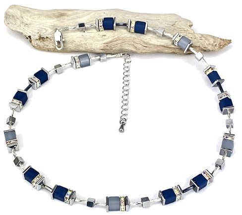 Handgemachte Hals Kette mit Polaris Würfel und Hämatit Edelstein sowie einem Edelstahlverschluss mit Verlängerung (Blautöne)