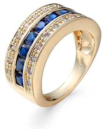 Daesar Damen Ringe Verlobung, Ring Vergoldet Breit mit Königsblau Zirkonia Bandring Gold Ring Frauen Jugendstil Große 54 (17.2)