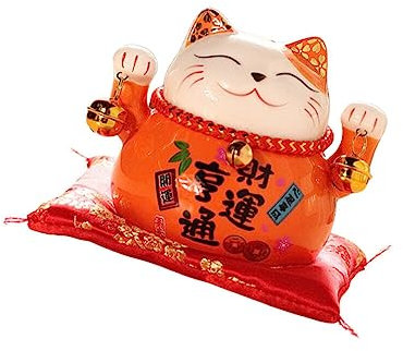 Toyvian Keramik Sparschwein Katze Spardose Maneki Neko Statue Winkekatze Skulptur mit Kissen Glückskatze Dekofigur Glücksbringer für Zuhause Büro Geschäft Sushi Bar Tischdeko Orange
