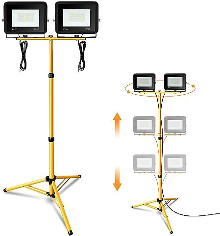 Jiubiaz Baustrahler LED mit Stativ, 2x20W Arbeitsstrahler 1700LM Bauscheinwerfer 6000K Kaltweiß, Höhenverstellbar Stativ und 1m Kabel, IP66 Wasserdicht Baulampe Schuppen (kein Stecker)