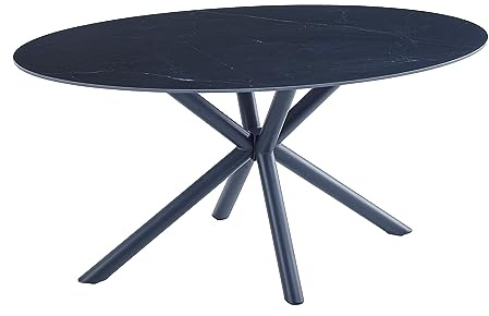 Casa Vital Dining Table MELISANA, Matte Black with Marble Pattern, 160x90x76 cm, Dining Room Furniture, oval Table top, sintered Stone, Metal Legs, 50 kg Maximum Load
