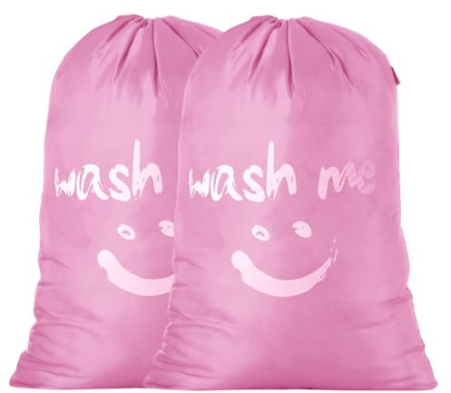 IHOMAGIC 2er Wäschesäcke mit Kordelzug, Reise Schmutzwäsche mit Wash me Wäschesammler Wäschetasche für Reise Wohnungen oder Häuser, Smiley Wäschebehälter Für Steppdecken, Bettlaken 66x96cm, Rosa