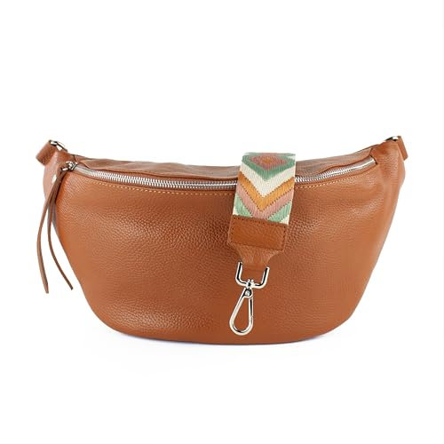 lePelou große Leder Bauchtasche für Damen mit Wechselgurt, Festival Tasche, Frauen Bauchtasche mit breitem Schultergurt, Kleine Umhängetasche, XL Crossbody Tasche, Geschenk für Damen (Cognac 4)