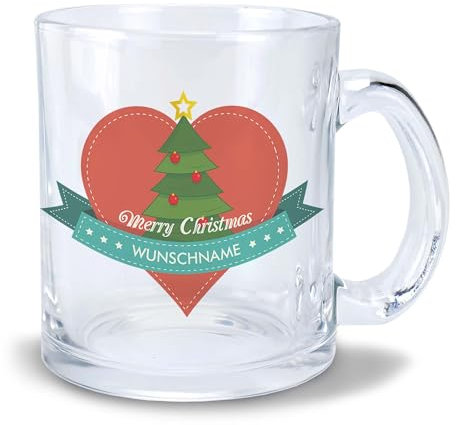 Kiwistar Tasse en verre transparent – Cœur de Noël – Personnalisable avec texte imprimé – Personnalisable – Personnalisable – Tasse à personnaliser soi-même – Inscription – Cadeau – Tasse à motif