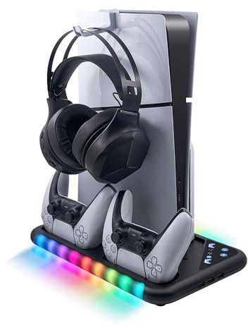 Wigearss Vertikaler Lüfter Ständer Kühlstation mit 3 Stufen Einstellbare Ventilatorgeschwindigkeit, RGB Licht, Dual Controller Ladegerät für PS5/PS5 Slim