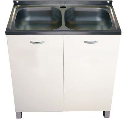 MABEL Mobile Sottolavello Cucina Bianco Organizer in Legno Nobilitato con Lavello da Appoggio in Acciaio 2 Vasche - L 80 cm x P 50 cm x H 83,5 cm