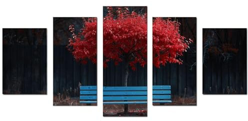 JOSUE 5 Pcs Quadri Albero Della Vita Panchina Albero Rosso Stampe E Quadri Su Tela,Rosso Quadri Arredo Per Soggiorno Salotto Camera Da Letto Cucina-60x125cm Non incorniciato