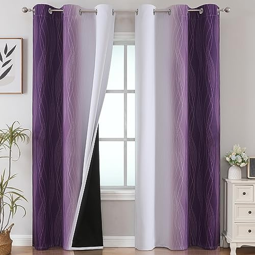 VEHEDE Farbverlauf Ombre Violett Weiß Gardinen Wohnzimmer mit Ösen Thermovorhang Kälteschutz, Schallschutz Verdunkelung Blickdicht Vorhänge Schlafzimmer Verdunklungsvorhänge, H 214 x B 107 cm, 2er Set