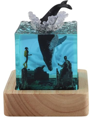 Epoxidharz Nachtlicht,Shark Diver LED Ocean Nachtlicht,Handgemachte Harz Hai Lampe Würfel Dekorative Lampe mit Holzsockel,Tischlampe für Kinderzimmer Geschenke für Kinder (Wal betritt Wasser)