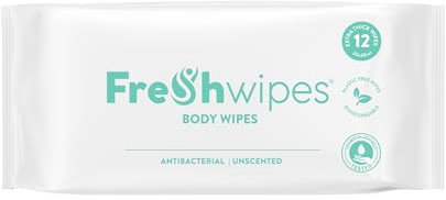 FreshWipes Unscented Antibacterial Body Wipes For Adults 1 Pack (12 Wipes) - Extra Large Biodegradable Wet Wipes - Dermatologically Tested & Suitable for the Elderly or Disabled - Great for Camping