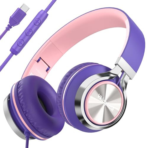 VkingMoR Casque filaire avec micro et contrôle du volume — Casque filaire de type C avec fil, casque supra-auriculaire à brancher pour ordinateur portable, casque filaire supra-auriculaire violet/rose