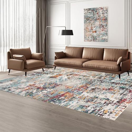 Taidianolp Teppich Wohnzimmer Deko,Colourful,140 x 200 cm,Braun Petrol Blau Grün Rot Orange Gelb Bunt Meliert Modern,Waschbar Kurzflor Teppich für Küche Wintergarten, auch für Balkon