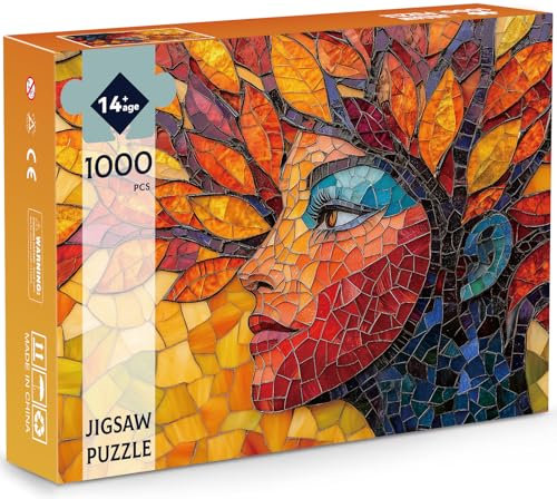 Stained Glass Mosaic Face Puzzle for Adults 1000 Pieces, Vibrant Blue Board Jigsaw Puzzles for Adults with Impossible Hard Difficult Challenging Design Puzzles