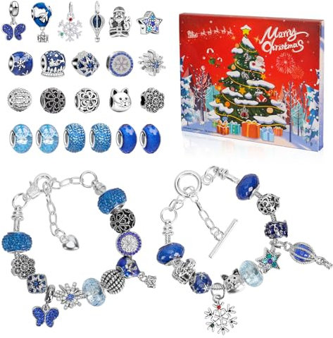 Adventskalender 2024 Kinder Mädchen, 24 Füllung Basteln Charms Armbänder Kit, Schmuck Adventskalender 2024, Weihnachten Charm Armband Kit Geschenk Mädchen 5 6 7 8 9 10 11 12 Jahre, (Blau)