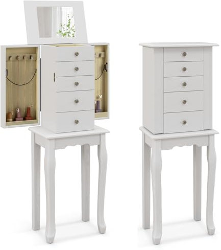 Multigot Freestanding Jewellery Cabinet, Wooden Cosmetic Box Vanity Jewelry Armoire with Flip Up Mirror, Top Compartment, 2 Side Doors and 4 Drawers, Jewellery Organizer Makeup Storage Chest Unit