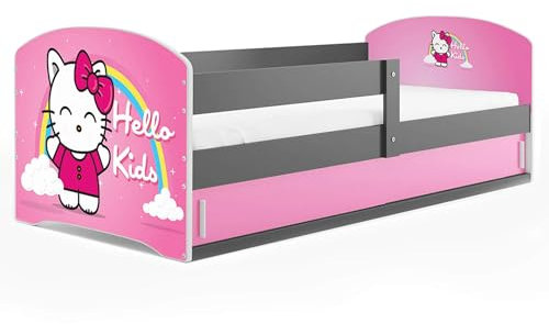 All4All Kinderbett Leo - 80x160cm - Holzbett - Jugendbett - Einzelbett - Bett mit Matratze - Latenrost - Kiefernholz -Bett für Mädchen und Jungen - Stauraum - Kitty Grau ohne Matratze - 20