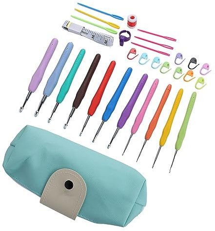 Premium Häkelset: 31 Teile für Häkeler. Lange Stricknadeln und Professionelle Marker. Ergonomische Haken, Box. Ideal für Decken, Mützen, Teppiche, Kissen.