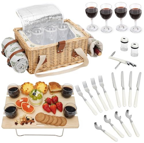 Picknickkorb-Set mit Mini-Klapptisch und Besteck-Set, Picknickkorb für 4 Personen mit kühltaschen, Flechtkorb mit Henkel, Weidenkorb Geschenkset für Picknick Camping Outdoor Party