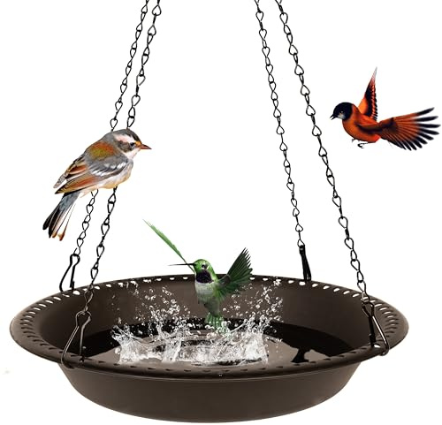 OVZILKI Vogeltränke, 40,6 cm, nur mit 63,5 cm rostfreien schwarzen Ketten, Vogeltränke für den Außenbereich, strapazierfähig, hängende Vogeltränke zum Aufhängen, Vogelfutterspender für Garten,