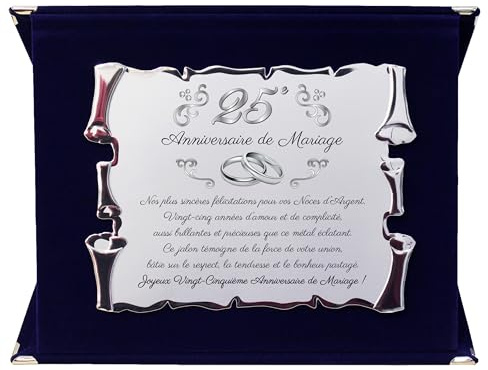 Placa de recuerdo elegante para 25º aniversario de boda | Regalo 25º | Bodas de plata | Pergamino de metal dorado decorativo con dedicatorio (azul, 25 años)