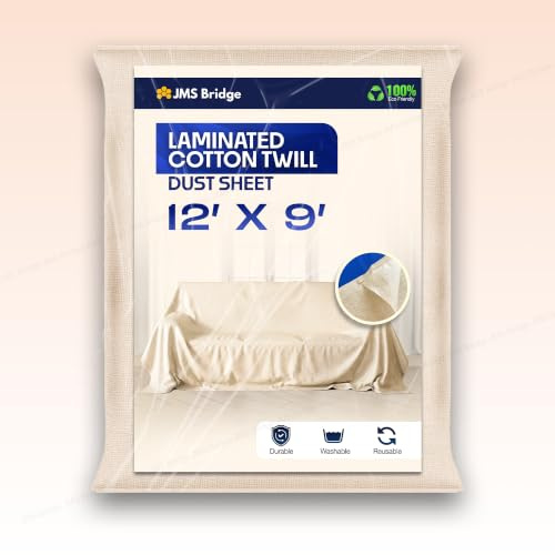 Laminated Cotton Dust Sheets for Decorating & Painting – 12ft x 9ft Paint Cover Sheets with Plastic Polythene Backing, Drop Cloth for Painting, Furniture, Floors, and Staircases.