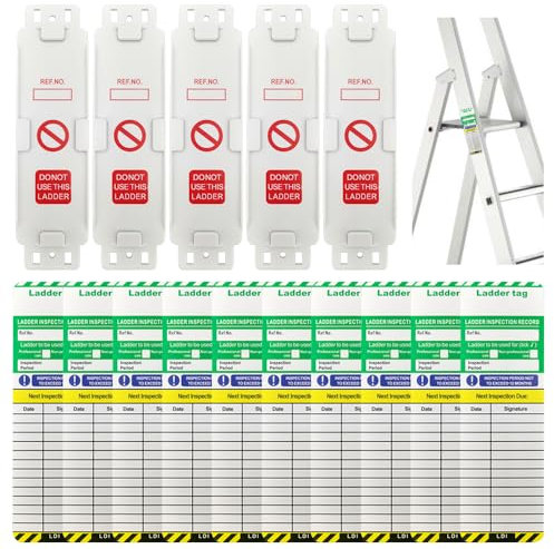 DAJASD Ladder Tags, Waterproof Ladder Inspection Tags - 5 Holders and 10 Ladder Inspection Tag Inserts, Ladder Safety Inspection Record Kit for All Ladder Types Indoor & Outdoor Use
