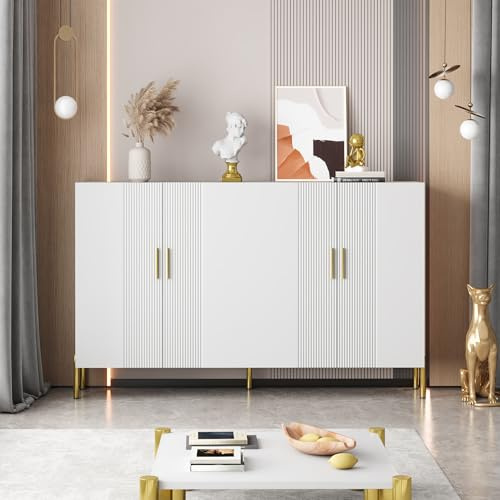FAYICIC Moderner einfacher weißer Matter multifunktionaler Aufbewahrungsschrank 4 offene und geschlossene Türen Esszimmerschrank Golddekoration 160x35x100cm