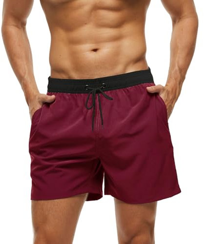 Monstoyo Costume Uomo Mare Asciugatura Rapida Costumi da Bagno Uomo Pantaloncini Mare con Tasche Zip Boxer Spiaggia Piscina Surf Fodera in Rete e Coulisse Regolabile L Splicing VinoRosso