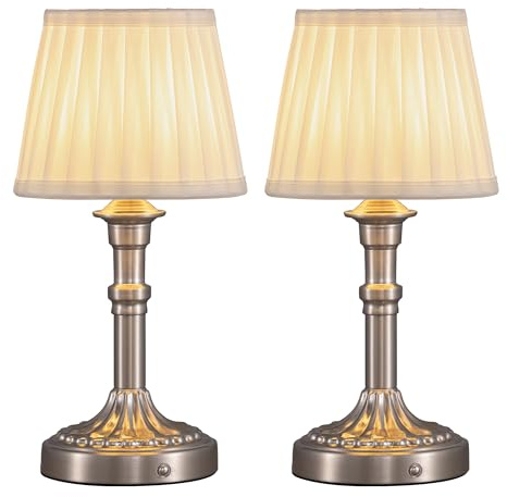 NEWSEE 2-Pack Rechargeable Cordless Table Lamp,Battery Operated Small Bedside Lamp with Fabric Shade,Stepless Dimming LED Touch Light for Living Room,Dining Room,Bedroom,Bathroom(Nickel)