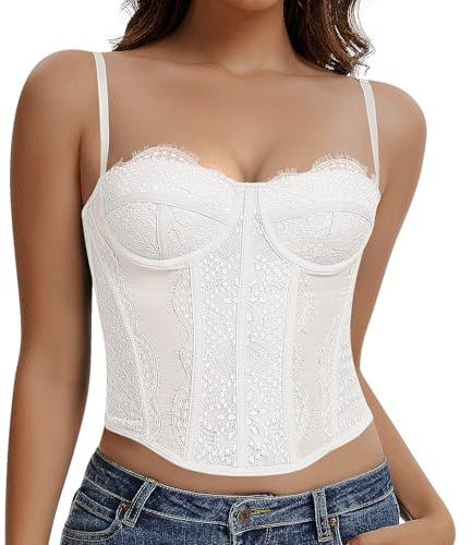 Werkiss Lace Boned Corset Top for Women Going Out Bustier Corset Top with Straps Sexy Overbust Corsets Push Up Crop Tops