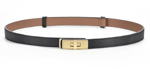 HATOFES Verstellbarer Skinny-Ledergürtel für Damen, solide Legierung, Drehverschluss, schmal, dünner Taillengürtel, Taillenbund, dekorativer Gürtel für Kleider, Jeans, Hosen (Schwarz/Gold)