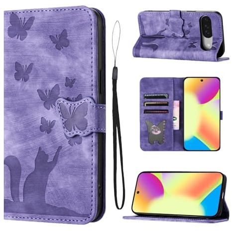 LSPCASA Handyhülle für Google Pixel 10/Pixel 10 Pro/Pixel 9 6.3 Zoll PU Leder Schmetterlingskatze Schutzhülle Hülle mit Kartenfächer Flip Case Stand für Google Pixel 10/Pixel 10 Pro/Pixel 9 Lila