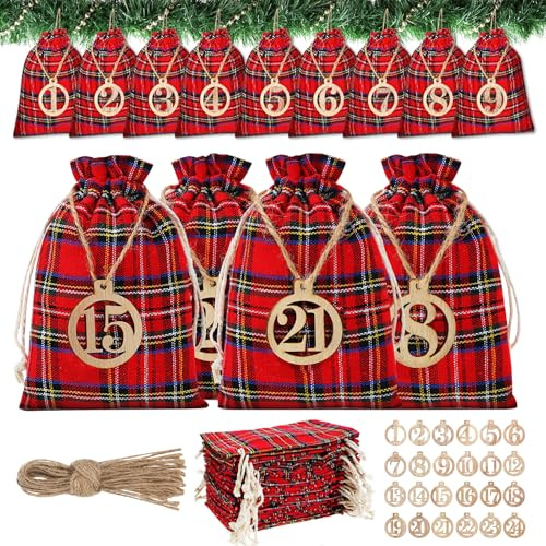 Calendrier de l'Avent Vide a Remplir, 24pcs Sac pour Calendrier de l'Avent, PochetteCalendrier de l'Avent à Remplir, Calendrier de Noël, Sac de CalendrierDe l'Avent en tissu DIY (D)