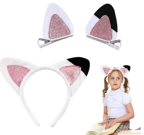 MUYAPAY Headband Chat Oreilles pour Filles, Serre-tête Chat Rose Blanc & 2 Barrettes, Accessoires Cheveux Anniversaire Enfant, Déguisement Fête Déco Cadeau