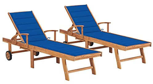 HaoChrymec Lettini Prendisole 2 Pezzi, in Legno di Teak con Cuscini, Schienale Regolabile 4 Posizioni, Sdraio da Giardino, Lettino da Spiaggia, per Piscina, Giardino o Terrazzo, Blu, 195 x 59.5 cm