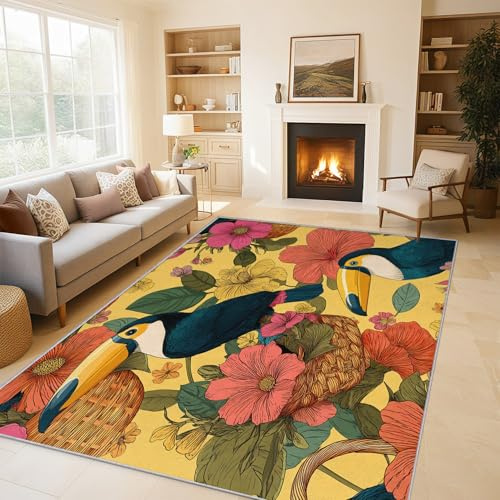 Generisch Tukan Teppich, Teppich Wohnzimmer Blumen Bunt Tropische Vögel 120x180cm, Kurzflor rutschfest Waschbarer Teppiche, Teppiche für Kinderzimmer Schlafzimmer Jugendzimmer QAZ26