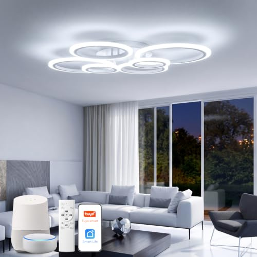 YOLEDY LED Deckenleuchte Dimmbar, Smarte Deckenlampe mit Fernbedienung & App, Kompatibel mit Alexa, Modernes 6 Ringe Design, 3000K-6500K CCT für Wohnzimmer, Schlafzimmer, Weiß