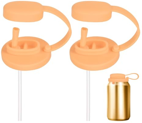 sourcing map 2 Pcs Soda Can Lids with Straw Silicone Spill-Proof & Airtight Seal Energy Drink Can Covers Reusable for Standard Size Beer Beverage Juice Seltzer, Orange