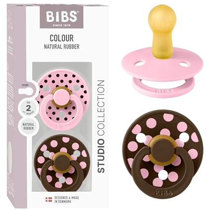 BIBS Colour Studio Polka Schnuller, 6-18 Monate, Baby Pink/Mocha | Runder Sauger | Naturkautschuklatex | Größe 2 | BPA-frei | Hergestellt in Dänemark | Hohe Akzeptanz | Luftlöcher