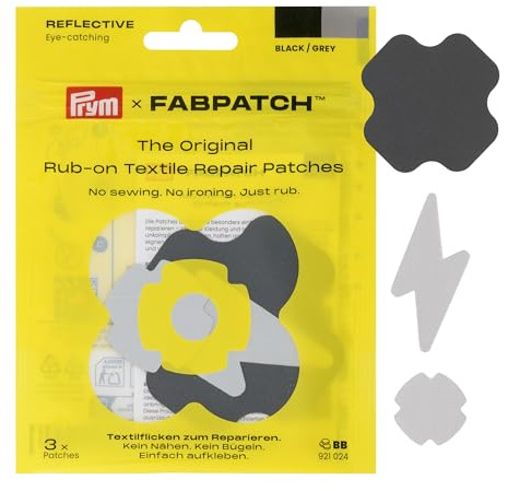 Prym 921024 FabPatch REFLECTIVE Rub-on Patch Schwarz/Grau (3 Stück) – Reflektierende Reparaturflicken für Jacken, Rucksäcke & Accessoires – Sichtbarkeit im Dunkeln, selbstklebend ohne Nähen & Bügeln