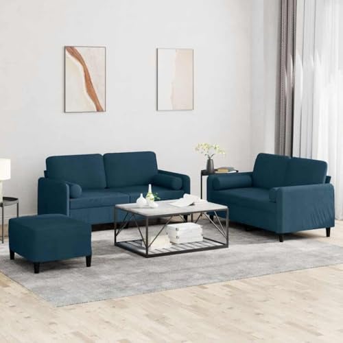 Keeushr 3-TLG. Samtsofa Garnitur mit Kissen in Blau und praktischem Eckcouch Hocker für Wohnzimmer, Robustes Metallgestell mit weicher Polsterung